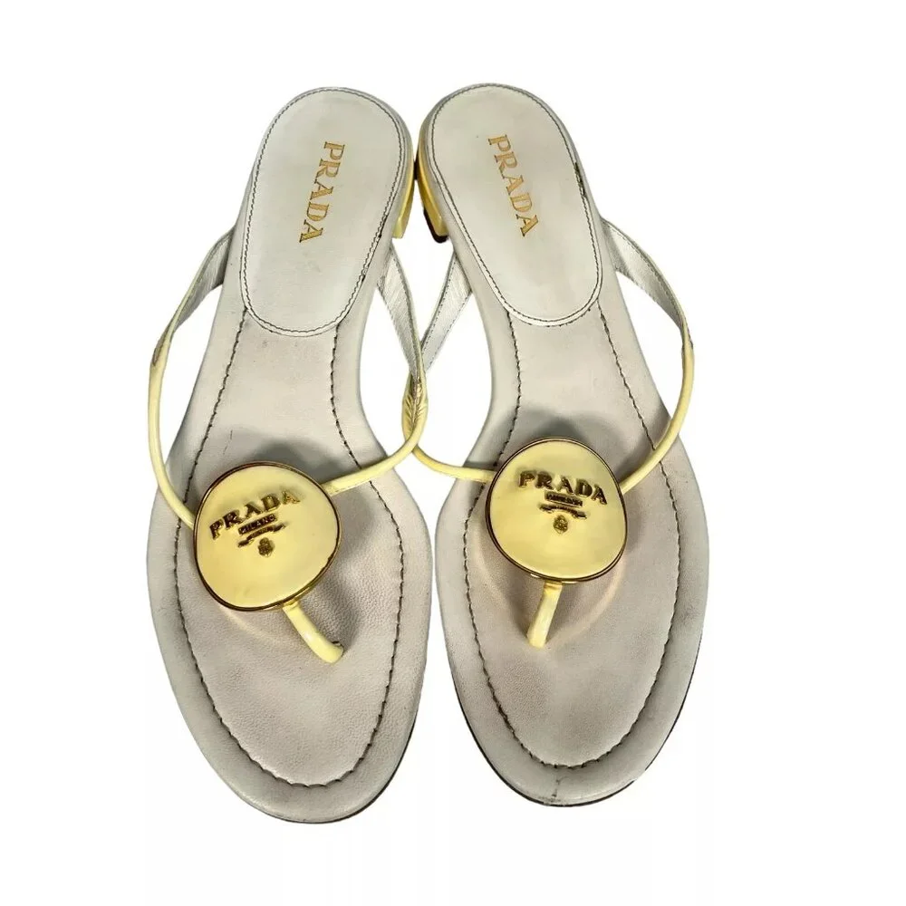 Prada Cream Enamel Logo Plaque Leather Flip Flop Sandals Size EU 40 Womens - Picture 2 of 16